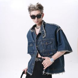 Men's Jackets Short Sleeve Padded Shoulder Denim Jacket Design American Retro High Street Frayed Trendy Cardigan