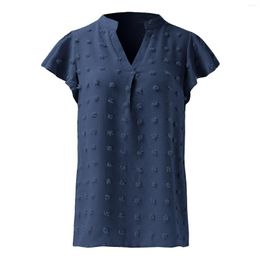 Women's T Shirts Women Short Sleeve Tunic Long Lace Top Fashion V Neck Sleeved Jacquard Ruffle Lady Summer Blouse