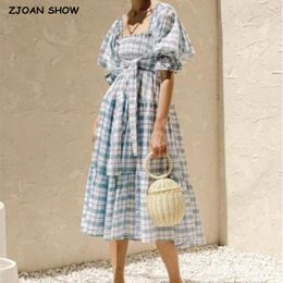 Casual Dresses 2023 Vintage Gingham Lakeblue Plaid Elastic Ruched Body Puff Sleeve Swing Dress Women Tie Bow Sashes Midi Vestido Holiday