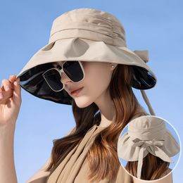 Elegant Summer Bucket Hat for Women Pleat Design Vinyl UV Protection Sun Hat Bowknot Tied 11cm Wide Brim Travel Casual Beach Cap