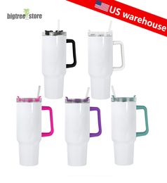 US warehouse 40oz sublimation stainless steel tumbler with Colourful handle lid straw big capacity water bottle outdoor camping cup vacuum insulated tumblers