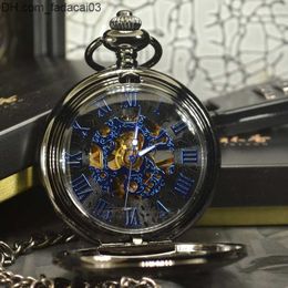 Pocket Watches TIEDAN Blue Steampunk Skeleton Mechanical Pocket Men Antique Luxury Brand Necklace Pocket Fob es Chain Male Clock 220606 Z230630