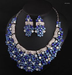 Necklace Earrings Set & Luxury Ocean Blue Crystal Bridal Wedding Pageant Rhinestones Prom Party For Bride Women Stre22