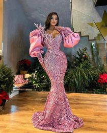 Sparkly Pink Sequins Mermaid Prom Dresses Puff Long Sleeves Plus Size Beaded Formal Birthday Party Gowns For Africa Women