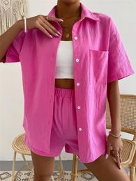 Women's Tracksuits 2023 Summer Cotton Linen Two-piece Suit Women Casual Sets Short-sleeve Shirt Top Blouses Elastic-waist Short Pants