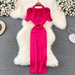 Party Dresses 2023 Fashion Women's Summer Square Collar Short Sleeve Halter Neck Knitted Bodycon Tunic Vent Jag Midi Long Dress