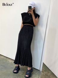 Two Piece Dress Bclout Elegant Pink Skirt Sets 2 Pieces Womens Outfits Spring O-Neck Sleeveless Crop Tops Black Elastic Waist Long Skirts Suits 230629