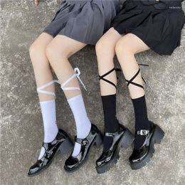Women Socks 1 Pair Summer Cross Bandage High Knee Lolita Style Japanese Black White Cotton Stockings Girl Woman Fashion Cute Tights