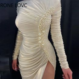 Basic Casual Dresse Elegant Folds Long Shirring Sleeves Beaded High Silt Midi Sexy Formal Party White Dress 230629
