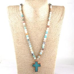 Pendant Necklaces Fashion Bohemian Tribal Jewellery Frosted Amazonite Stones Cross Charm Women Necklace