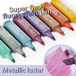 Markers 8 Colour Metallic Flash Highlighter Durable Soft Tip Marker Scrapbooking Pearlescent Fluorescent Pen Kawaii Stationery 230630