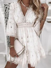 Women's Jumpsuits Rompers White Lace Beach Dres Summer V Neck Hollow Out Boho Aline Dress Fashion Elegant Embroidery Holiday Mini Dresses Vestidos 230620