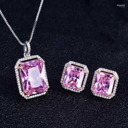 Necklace Earrings Set & Simple Square Pink Crystal Jewelry Exquisite Wedding Rings For Women Luxury Anniversary Gift S925 Silvery Stre22