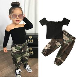 Clothing Sets 1 6Y Fashion Kids Baby girl Girl Outfits Black Short Sleeve Off Shoulder T shirt Tops Camouflage Pants Outfit 2pcs 230630