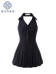 Basic Casual Dresses Summer Women Fashion Mini Halter Party Pleated Dress A line Backless Black Striped V Neck Frocks Sexy Gyaru Y2k Streetwear Prom 230629