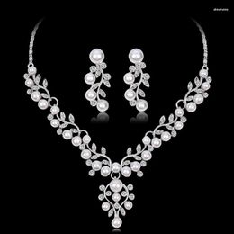 Necklace Earrings Set Delicate Silver Color Metal Necklaces Wedding For Bride Crystal Pearl Rhinestone Women Jewerly Gift