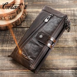 Contact's Free Engraving Genuine Leather Wallet Men Zipper Capacity Male Long Money Purse Phone Pocket Card Holder New Portfel
