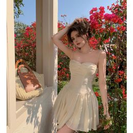 Casual Dresses Women' Clothing Beige Sling Wrinkle Dress Sleeveless French High Waist Elegant Miniskirt 2023 Summer Slim Fit