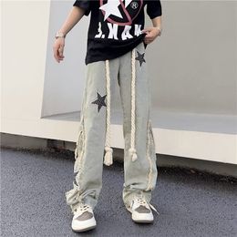 Men s Jeans Street Wear Pentagram Embroidery Wide Leg Washed Distressed Pants Baggy Draping Trousers Raw Edge 230629