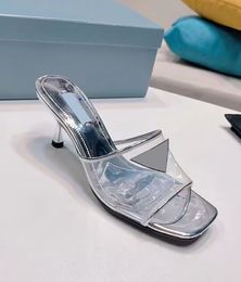 High quality women's designer shoes slippers fashionable transparent sliding leather high heels 6.5cm runway party comfortable flat toe open toe sandals with box