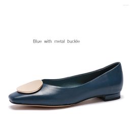 Dress Shoes Genuine Leather Shallow Women's Metal Buckles Square Toe Low Heels Casual Retro British Style