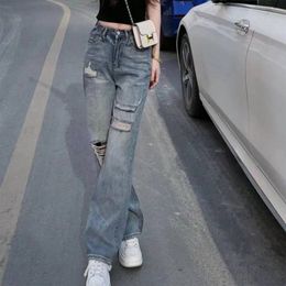 Retro distressed denim wide leg Women's Jeans 2023 summer new loose casual versatile slim straight high waisted pants