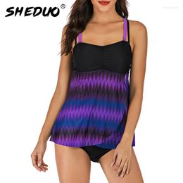 Women's Swimwear Vintage Gradient Striped Womens Swimming Suit Ruffle Two Piece Swimsuit Ruched Push Up Bathing Retro Tank Top 3XL