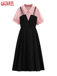 Basic Casual Dresses Summer Black Patchwork Fake Two Piece Midi Dres Pink Short Sleeve Polo Collar 2023 Elegant Office Lady 230629