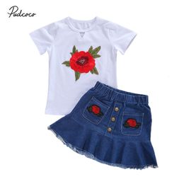 Clothing Sets Baby Summer Infant Kids Girls Skirt Two Piece Set Fashion Rose Embroidery Short Sleeve Top Denim 230630