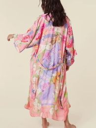 Women's Swimwear Elegant Vintage Hippie Lace-up Oversized Robe Floral Print Bat Sleeve Beach Bohemian Kimono Summer Ladies Bikini V Neck