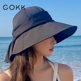 COKK Bucket Hat Women Summer Spring Solid Colour Big Ribbon Bow Fisherman Cap Beach Sun Hat Sunshade Sunhat Solid Colour Foldable