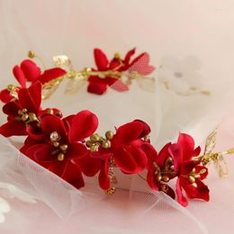 Hair Clips Red Flower Wedding Accessories Gold Hollow Leaf Heaband Bridal Jewellery Charm Bride Tiaras Headpiece Head Ornaments LB