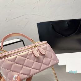 Luxury metal handle box bags sheepskin handbags zipper closure square makeup box mini chain strap crossbody bag Women shoulder bag Cosmetic Case with mirror