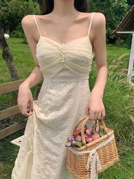 Casual Dresses French Vinatge Lace Midi Women Short Sleeve Elegant Sweet Dress Female Party Beige Fahion 2023 Summer