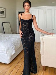 Casual Dresses TEMUSCOLA Sexy Slash Neck Sheer Maxi Lace Dress For Women 2023 Summer Spaghetti Strap Backless Split Long Party Female