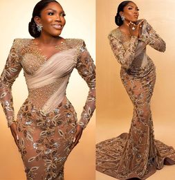 Gold Aso Ebi Mermaid Prom Dress Beaded Sequined Lace Evening Formal Party Second Reception Birthday Bridesmaid Engagement Gowns Dresses Robe De Soiree es