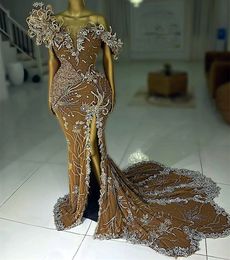 2023 Aso Ebi Gold Mermaid Prom Dress Lace Beaded Evening Formal Party Second Reception Birthday Bridesmaid Engagement Gowns Dresses Robe De Soiree ZJ683