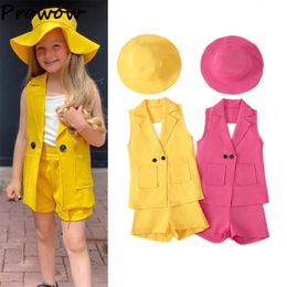 Clothing Sets Prowow 2 10Y Children 4pcs Girls Outfit V neck Blazer White Vest Shorts Hat Kids Clothes Summer Suit 230630