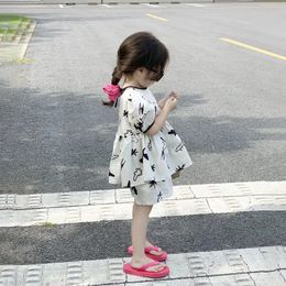 Clothing Sets 4554C Korean Girls Set 2023 Summer Fashionable Bubble Sleeve Girl s Two Piece Suit Blouse Shorts 230630