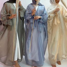 Ethnic Clothing Summer Eid Djellaba Abaya Dubai Shiny Soft Puff Sleeves Muslim Dress Silky Turkey Islam Abayas