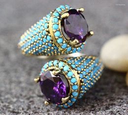 Cluster Rings Luxury Natural Gem Amethyst And Turquoise Ring Women's Party Anniversary Boutique Jewellery