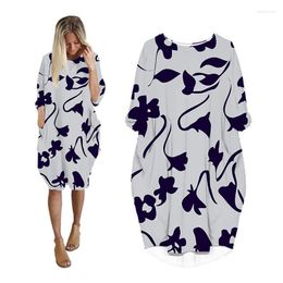 Casual Dresses For Womens Pocket Batwing Long Sleeve Woman Clothing Fashion Plus Size Ladies Clothes Midi Female Dress Plants Floral ZG