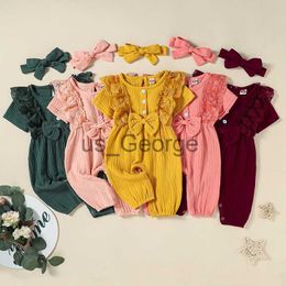 Clothing Sets 2022 Summer Newborn Baby Girls Lace Cotton Linen Romper Clothes Solid Bow Jumpsuit with Headband Infant Clothes Outfits 024M J230630