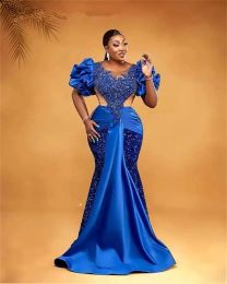 Aso Ebi Arabic Style Royal Blue Beaded Evening Dresses Sheer Neck Sweep Train Plus Size Formal Prom Party Gowns Robe De