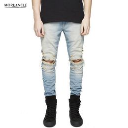 Whole- Fashion Hi-Street Mens Ripped Jeans Joggers Knee Hole Streetwear Distressed Slim Fit Denim Pants Washed Designer Trouse233f