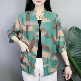 Women's Blouses Casual Single-breasted Round Neck Shirt Fashion Hand-Painted Printed Clothing Spring Summer Loose Pockets Spliced Blouse