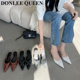 Slippers Women Outdoor Slides Female Mule Spring Pointed Toe Heels Brand Rivet Pumps Leisure Shoes Party Dress Summer Sandal