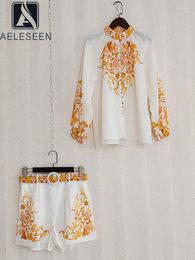 Women's Tracksuits AELESEEN Designer Fashion Women Set Spring Summer Yellow Flower Print Blouse High Waist Shorts Belt Casual Holiday