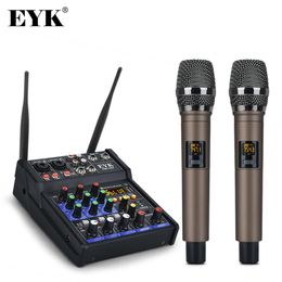 Mixer Eyk Emcg04 Audio Mixing with Uhf Wireless Microphone 4 Channel Stereo Mixer Console Bluetooth Usb for Dj Karaoke Pc Record