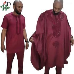 H&D african agbada men clothes suits robe tops pant 3 pieces set african traditional men's dashiki clothing with rhinestones1247P